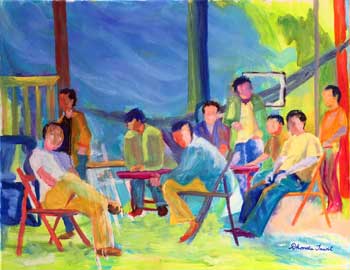 Men sitting around painting