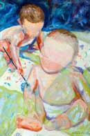 Two babies painting pictures Oil on Linen
