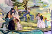 Women and kids at a garden wedding Oil on Linen