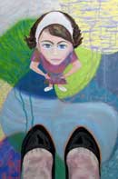 Girl looking up at women in black shoes Oil on Linen