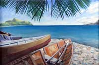 Two canoes resting beside the water painting